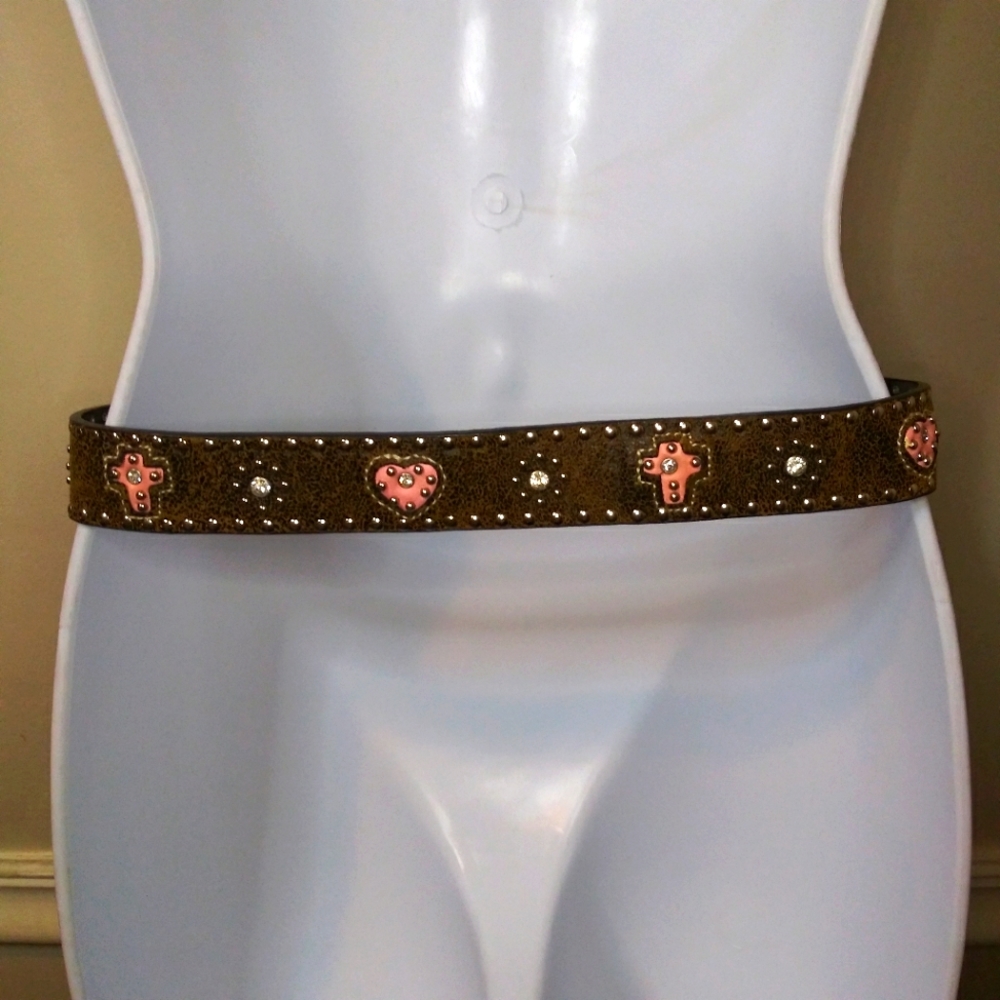 Nocona Belt Co. Girl's Brown & Pink Rhinestone & Silver Studded Western Belt - Picture 5 of 7